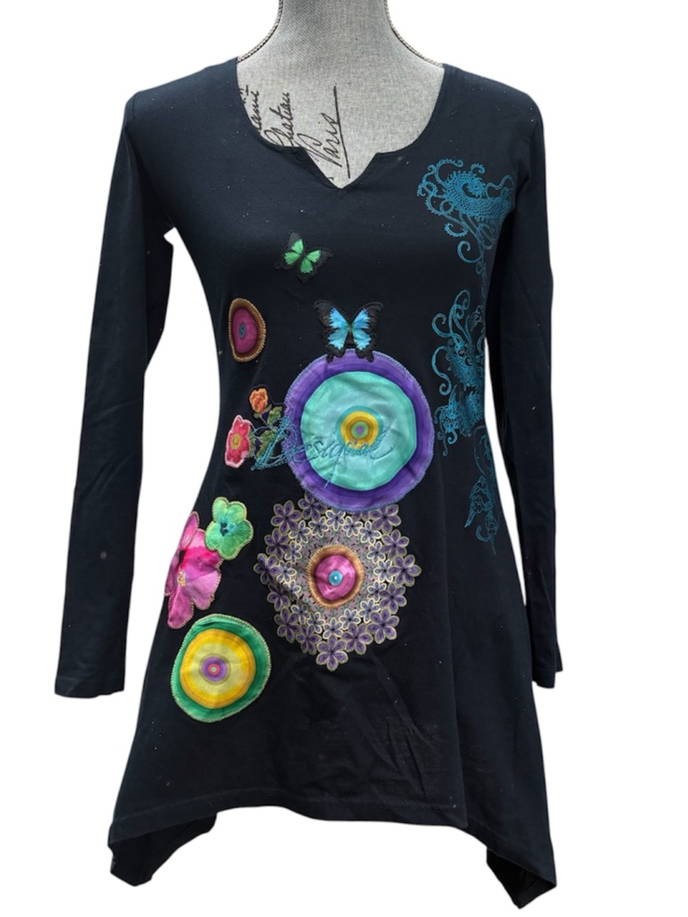 Desigual Black Summer Long-Sleeve Dress with Colorful Embroidered AppliquΓ©s